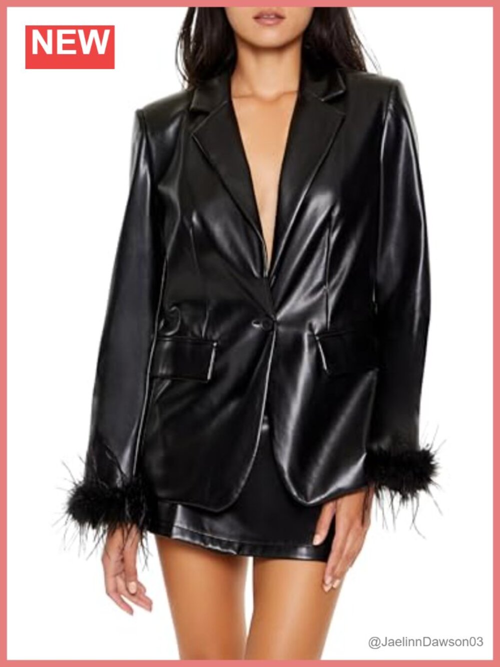 Faux Feather & Leather Blazer Notched Lapel Button Front